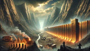 A wide high quality digital artwork depicting the scene where Dhul Qarnayn builds a massive wall to contain Gog and Magog as described in the Quran